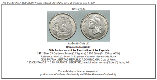 1951 DOMINICAN REPUBLIC Woman of Liberty ANTIQUE Silver 25 Centavos Coin i91139 - Fresh Stock Dated October 2025