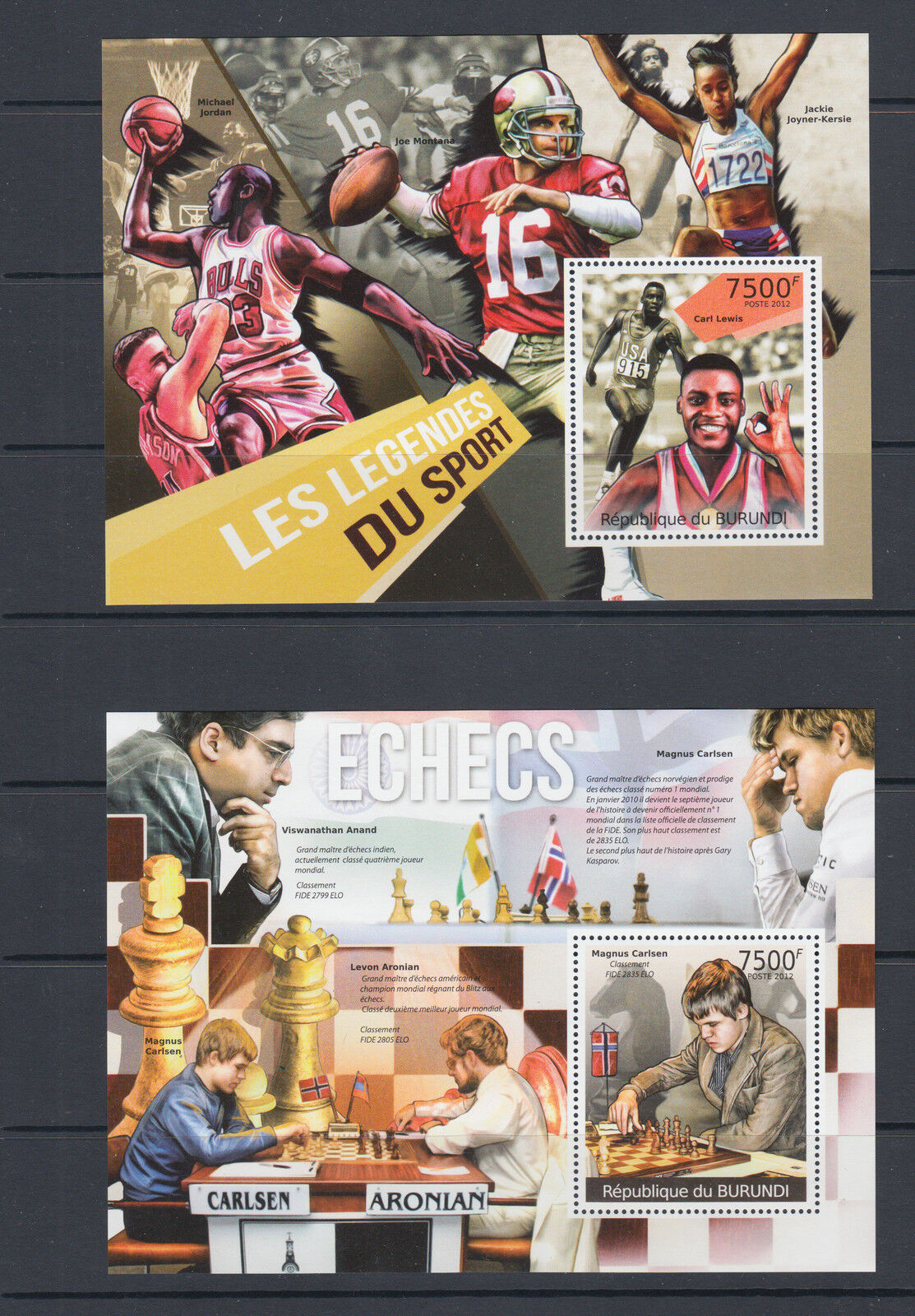 Burundi Sc 1021-1028 MNH. 2012 Famous Sport Personalities, complete set of 8 s/s - Fresh Stock Dated October 2025