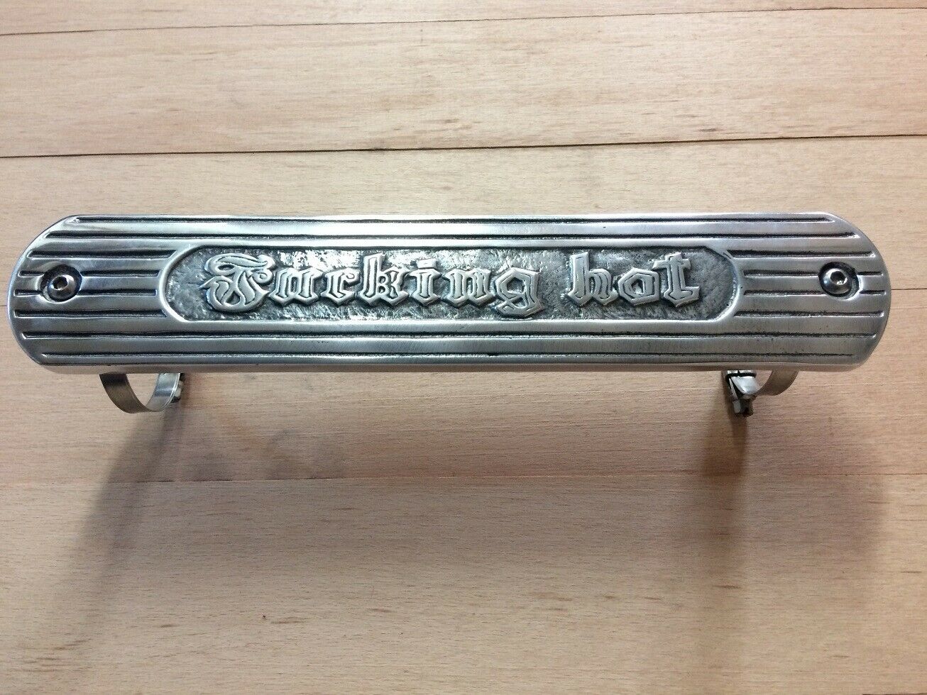 Motorcycle exhaust heat shield F*** Hot Cast Metal indian Harley chopper bobber - Fresh Stock Dated October 2025