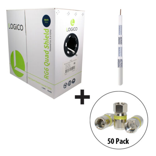 RG6 Quad Shield Coaxial Cable 500FT White + 50xF-Type Compression Connectors Kit - Fresh Stock Dated October 2025