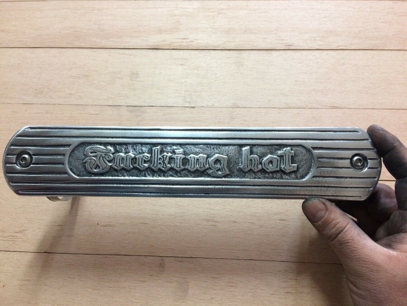 Motorcycle exhaust heat shield F*** Hot Cast Metal indian Harley chopper bobber - Fresh Stock Dated October 2025
