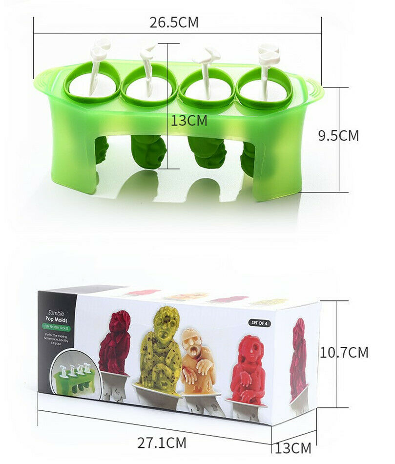 Zombie Popsicle Mold Skull Ice Pop Molds Set of 4 Popsicle Makers with sticks - Fresh Stock Dated October 2025