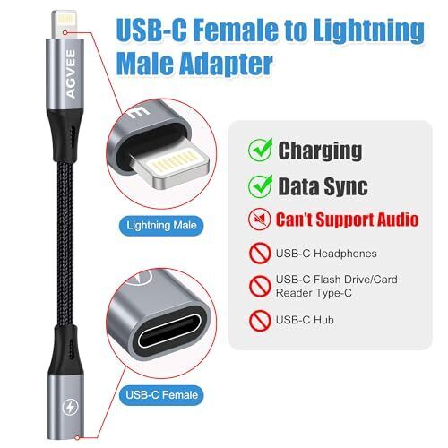 AGVEE 4 inch 30W USB-C Female to Lightning Cable Adapter, 4 inch, Dark Gray - Fresh Stock Dated October 2025