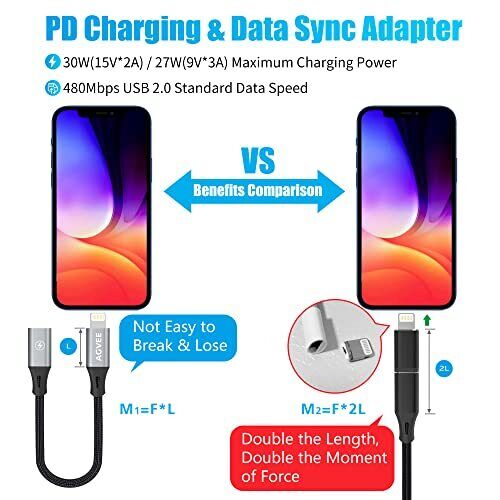 AGVEE 4 inch 30W USB-C Female to Lightning Cable Adapter, 4 inch, Dark Gray - Fresh Stock Dated October 2025