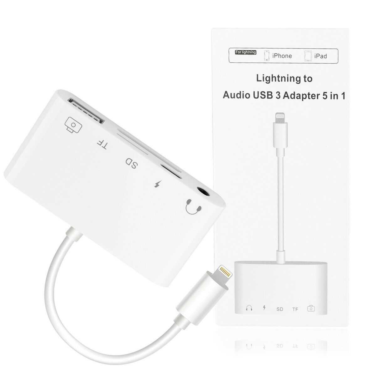 5-IN-1 iPhone 12 Adapter Coupler  SD/TF Card Reader Hub 3.5mm Audio USB Port USA - Fresh Stock Dated October 2025
