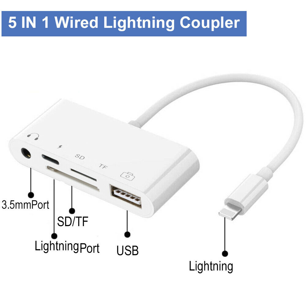 5-IN-1 iPhone 12 Adapter Coupler  SD/TF Card Reader Hub 3.5mm Audio USB Port USA - Fresh Stock Dated October 2025
