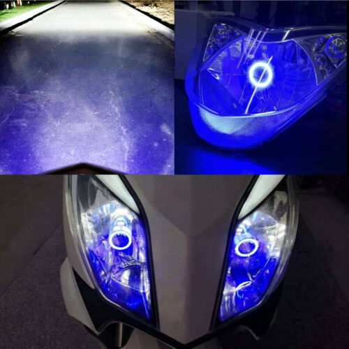 H4 HB2 9003 2600LM Motorcycle LED Headlight Kit Hi/Lo Bulb With Blue Halo Rings - Fresh Stock Dated October 2025