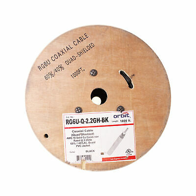 ORBIT RG6U-Q-2.2GH-BK QUAD SHIELD RG6U COAXIAL CABLE, 2.2GHZ, BLACK, SATV, 1000' - Fresh Stock Dated October 2025