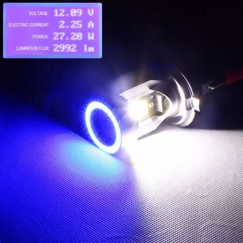 H4 HB2 9003 2600LM Motorcycle LED Headlight Kit Hi/Lo Bulb With Blue Halo Rings - Fresh Stock Dated October 2025