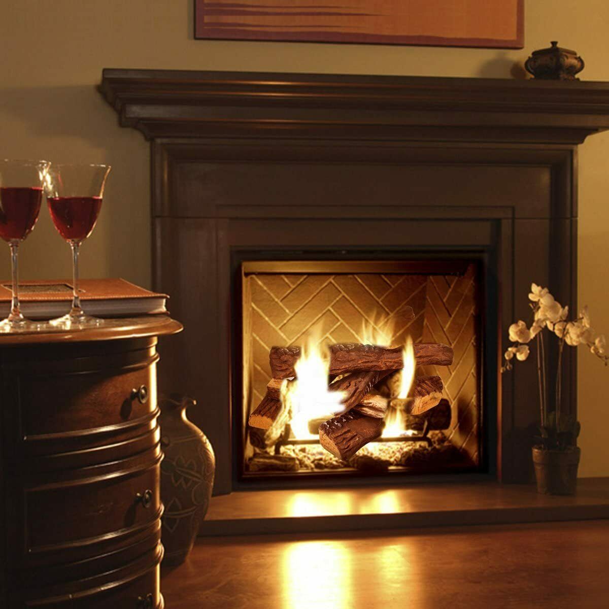 Decorative Realistic Flame 10 PC Petite Ceramic Wood Fireplace Firepit Log Set - Fresh Stock Dated October 2025