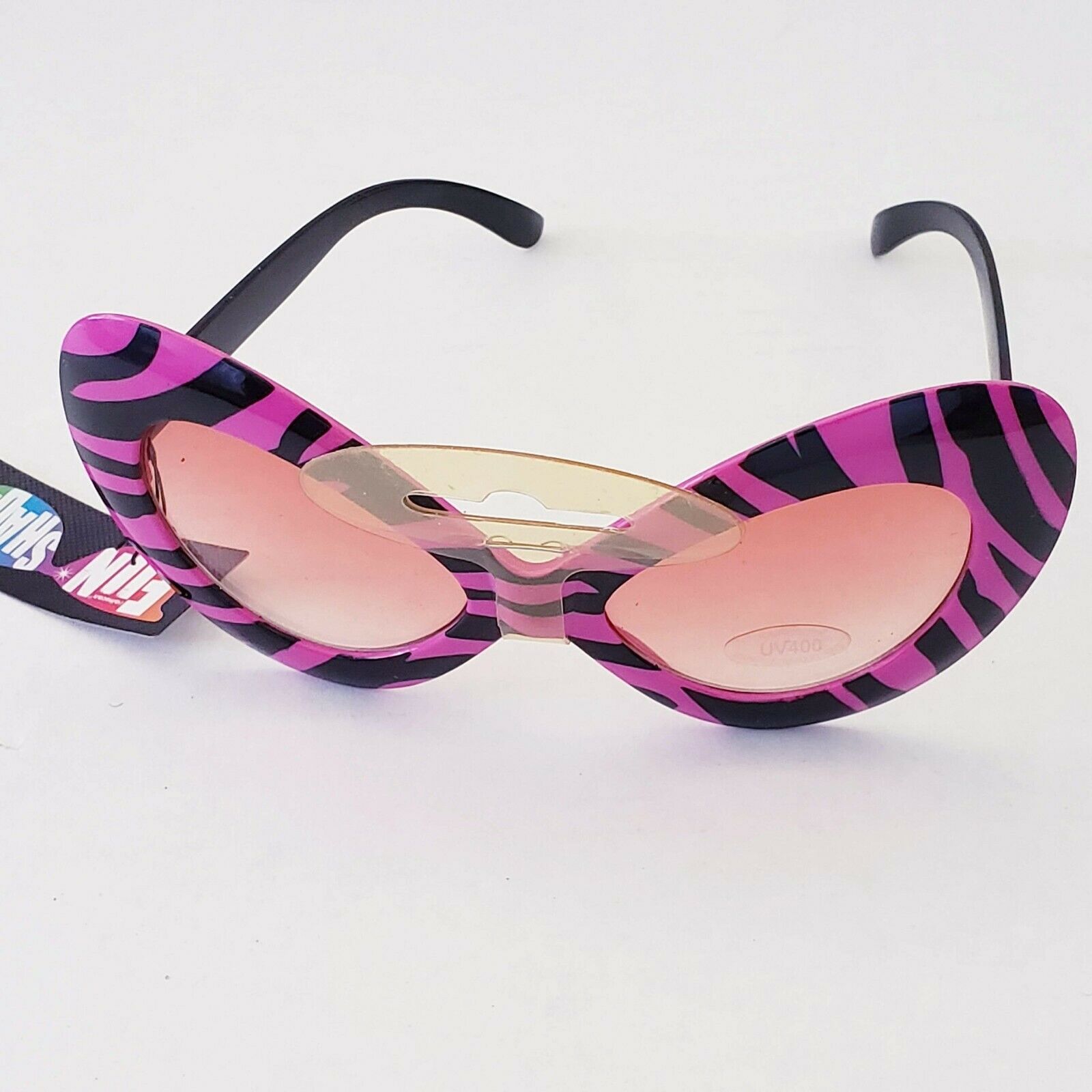 1 pair Pink Zebra novelty sunglasses & tinted lense costume retro - Fresh Stock Dated October 2025