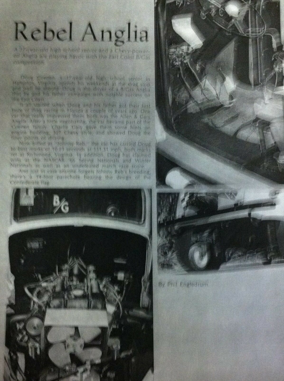 1967 NHRA Johnny Reb Chevy Powered Anglia B/G alterd/decal/embelm/print car ad - Fresh Stock Dated October 2025