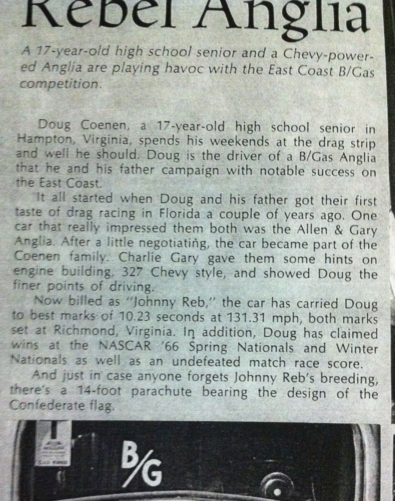1967 NHRA Johnny Reb Chevy Powered Anglia B/G alterd/decal/embelm/print car ad - Fresh Stock Dated October 2025