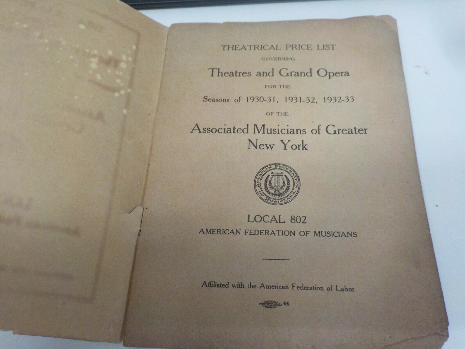RARE 1930S THEATRICAL PRICE LIST THEATERS GRAND OPERA LOCAL 802 NYC AMR FED - Fresh Stock Dated October 2025