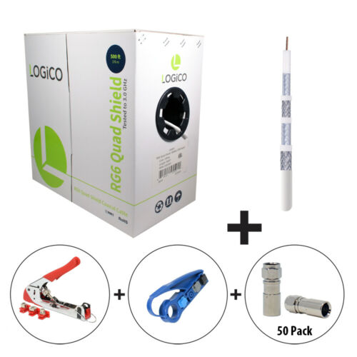 RG6 Quad Shield CoaxCable 500FT White+Strip Tool+Crimp Tool+50F-Type Connect Kit - Fresh Stock Dated October 2025