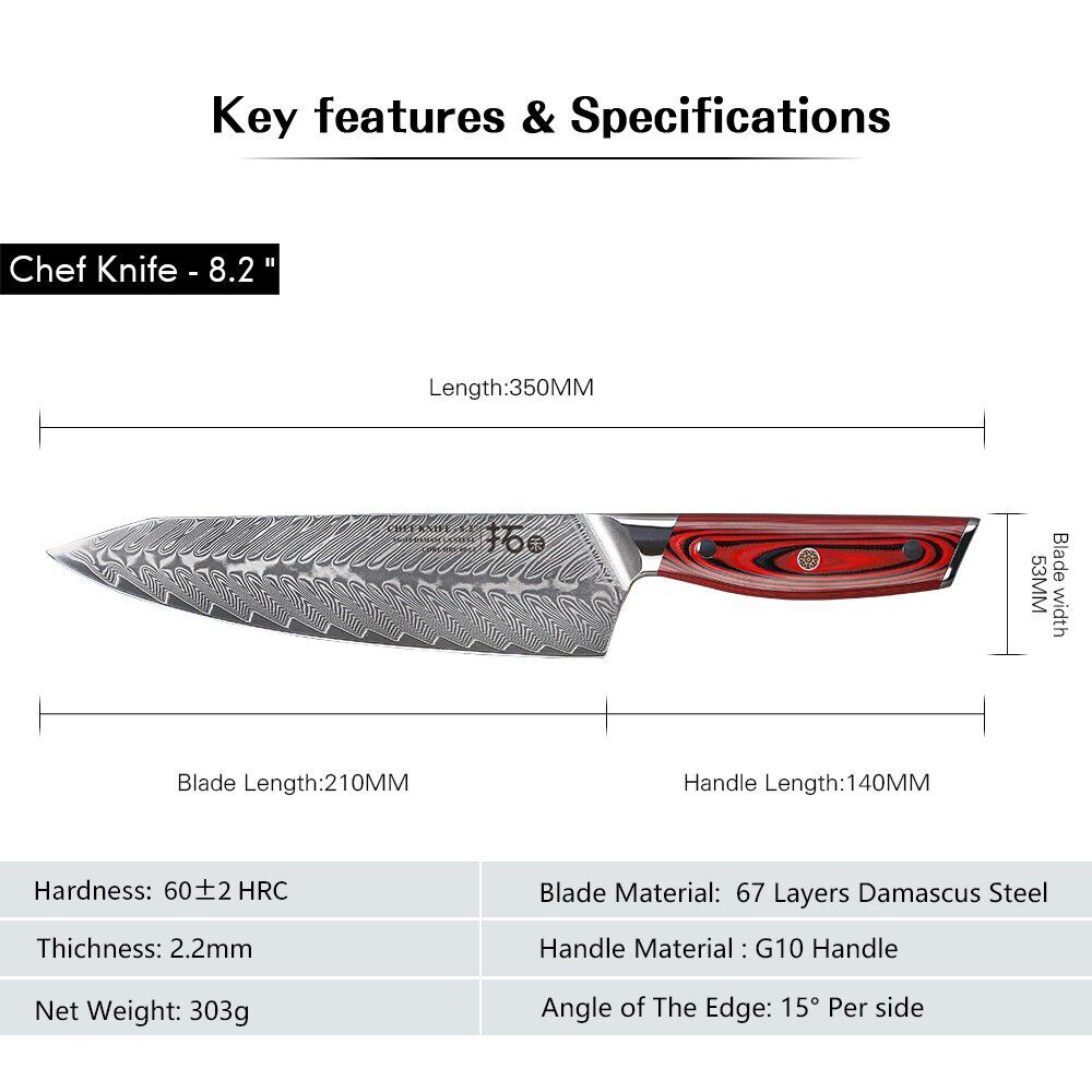 TURWHO 8.2inch Chef Knife 67-Layer Japanese VG10 Damascus Steel Kitchen Knives - Fresh Stock Dated October 2025
