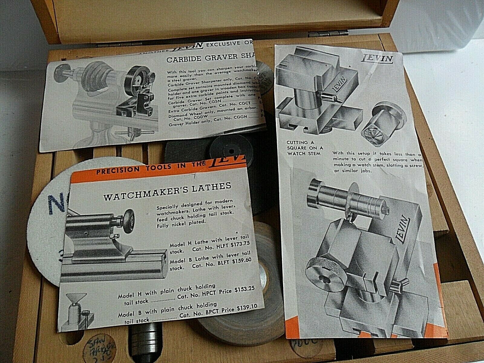 Vintage 1950's Levin Watch Lathe Grinding Tool Kit Set 4 Watchmaker w/ Wood Box - Fresh Stock Dated October 2025