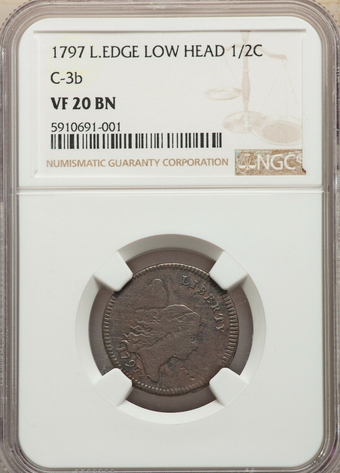 1797 C-3b R-4 NGC VF20 Lettered Edge Low Head Half Cent Coin 1/2c - Fresh Stock Dated October 2025