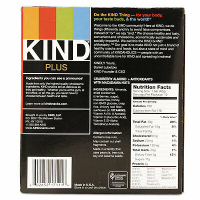 KIND Plus Nutrition Boost Bar Cranberry Almond and Antioxidants 1.4 oz 12/Box - Fresh Stock Dated October 2025