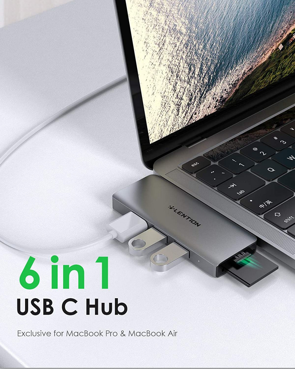 LENTION 6 in 1 USB C Hub with 1 C (100W PD+ 40Gbps Data), 3 Space Gray - Fresh Stock Dated October 2025