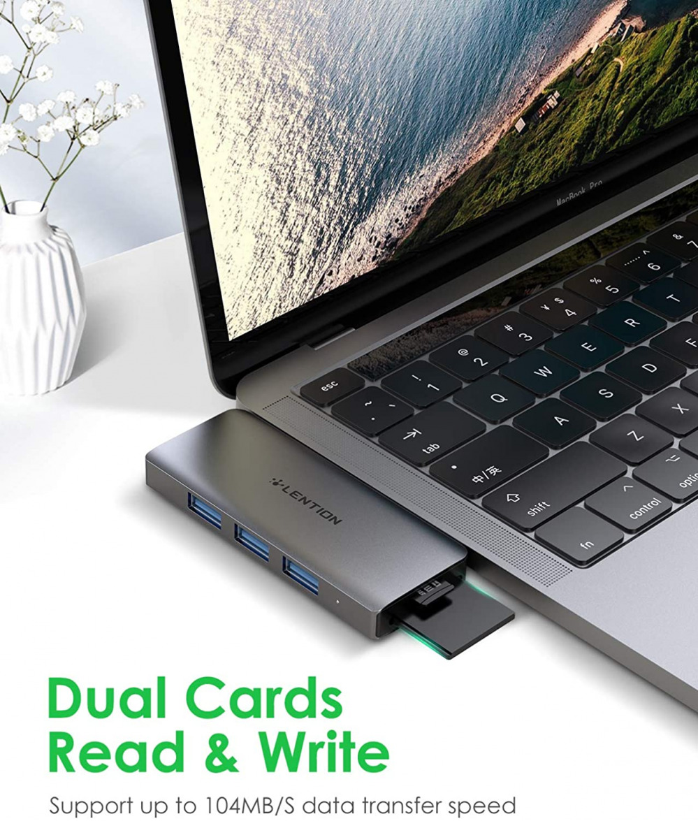 LENTION 6 in 1 USB C Hub with 1 C (100W PD+ 40Gbps Data), 3 Space Gray - Fresh Stock Dated October 2025