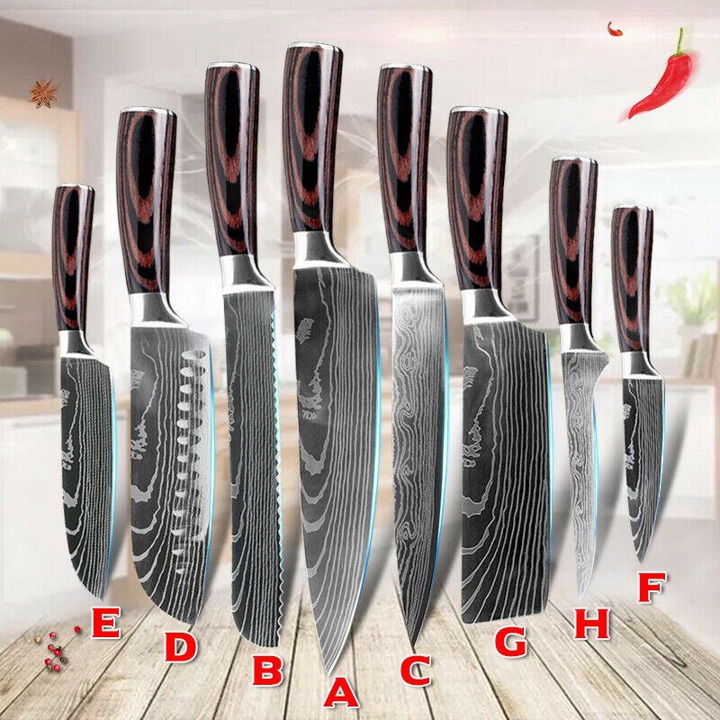 Damascus Pattern Chef's Knife Set Japanese Kitchen Knives Cleaver Slicing Tool - Fresh Stock Dated October 2025