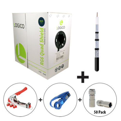 RG6 Quad Shield CoaxCable 500FT Black+Strip Tool+Crimp Tool+50F-Type Connect Kit - Fresh Stock Dated October 2025