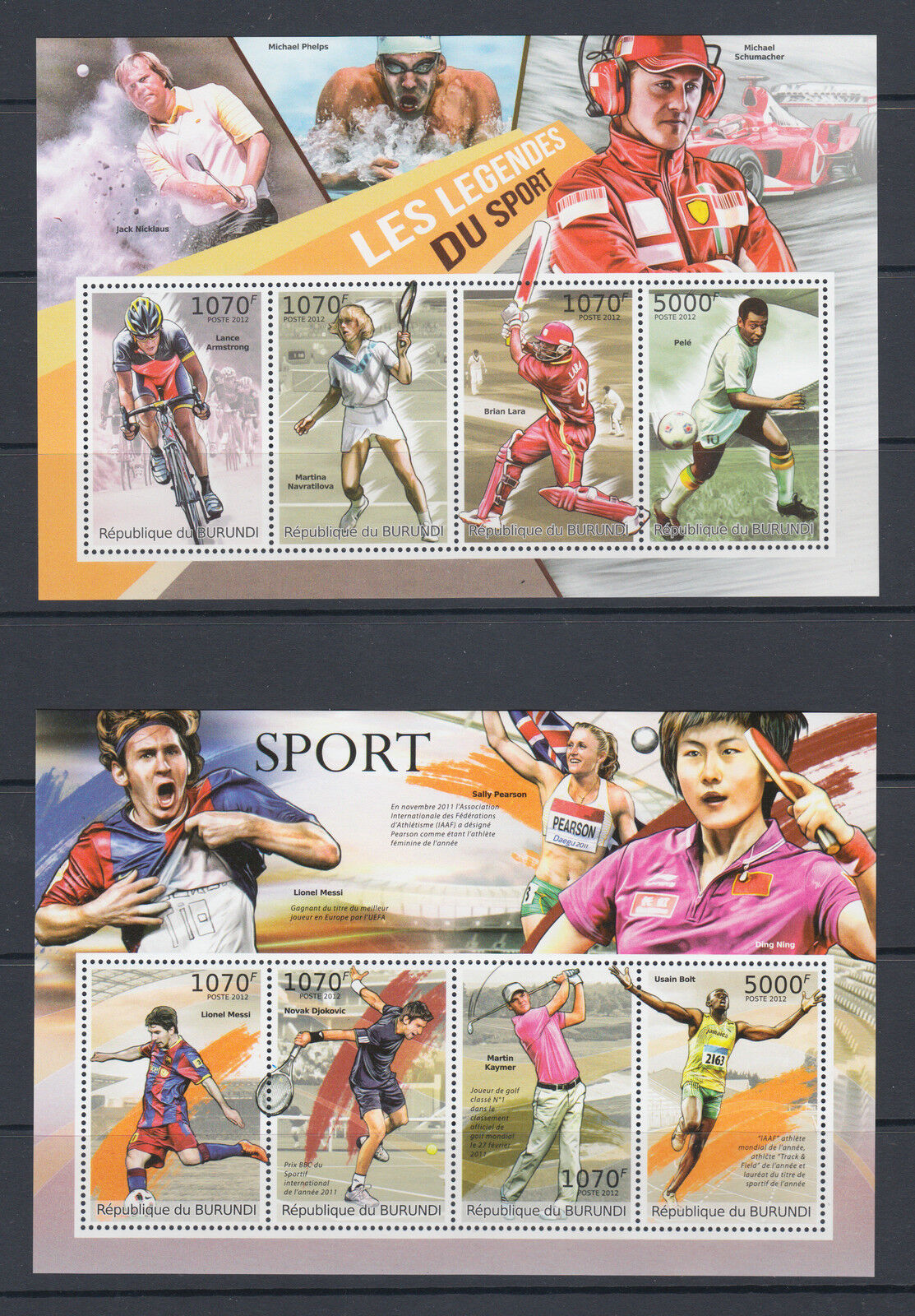 Burundi Sc 1021-1028 MNH. 2012 Famous Sport Personalities, complete set of 8 s/s - Fresh Stock Dated October 2025