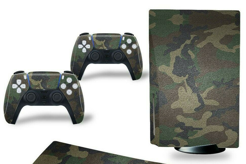 For PS5 Disc Edition Console & 2 Controller Green Camo Vinyl Wrap Skin Decal - Fresh Stock Dated October 2025