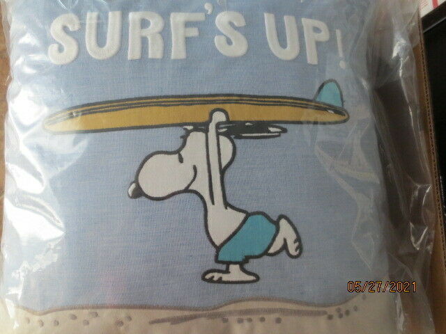 POTTERY BARN SNOOPY SURFS UP PILLOW NIP  BRING ON SUMMER W/SURFER SNOOPY last 1 - Fresh Stock Dated October 2025