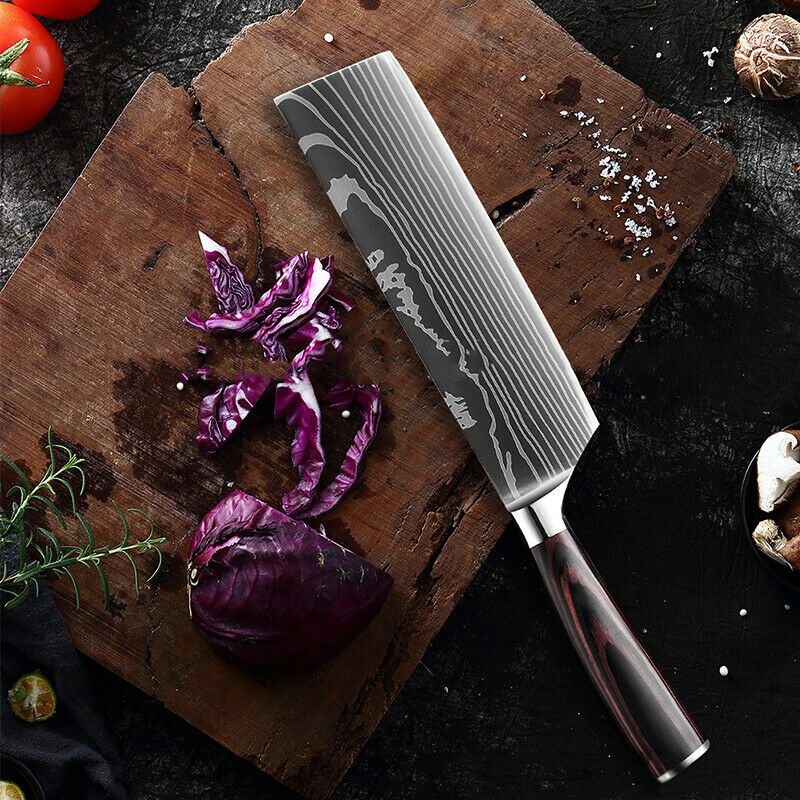Kitchen Chef Knife Set 8 Pcs Stainless Steel Damascus Pattern Sharp Cleaver Gift - Fresh Stock Dated October 2025