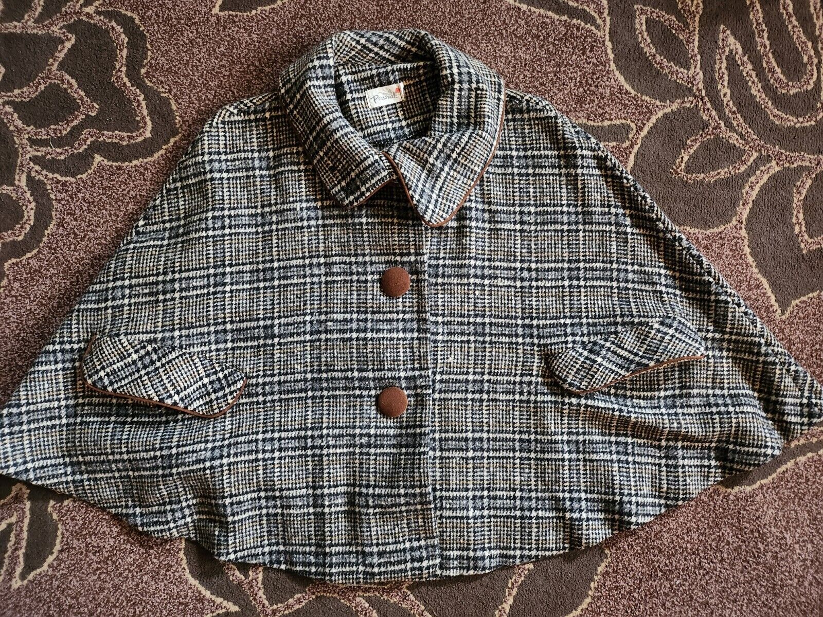Personal Women Vintage Wool Brown Black Plaid Collared Buttoned Capelet Poncho - Fresh Stock Dated October 2025