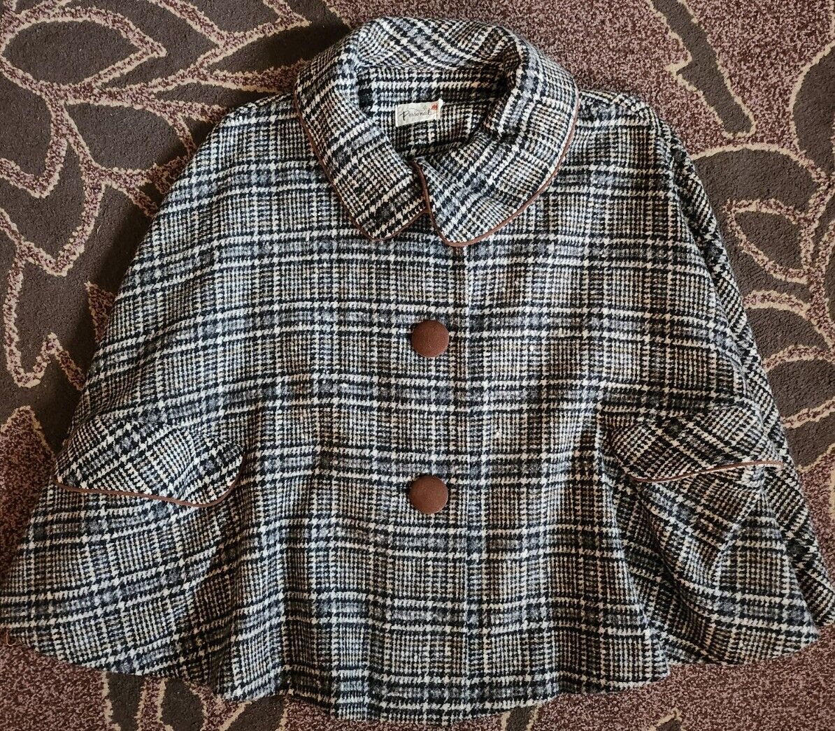 Personal Women Vintage Wool Brown Black Plaid Collared Buttoned Capelet Poncho - Fresh Stock Dated October 2025