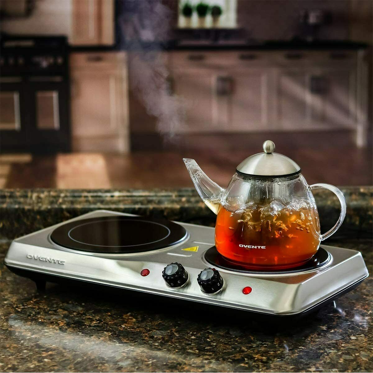 Ovente Electric Glass Infrared Burner 7 Inch Double Hot Plate Silver BGI102S - Fresh Stock Dated October 2025