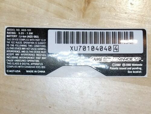Nintendo Game Boy Advance GBA SP Model # AGS-101 Replacement Sticker Label  MINT - Fresh Stock Dated October 2025