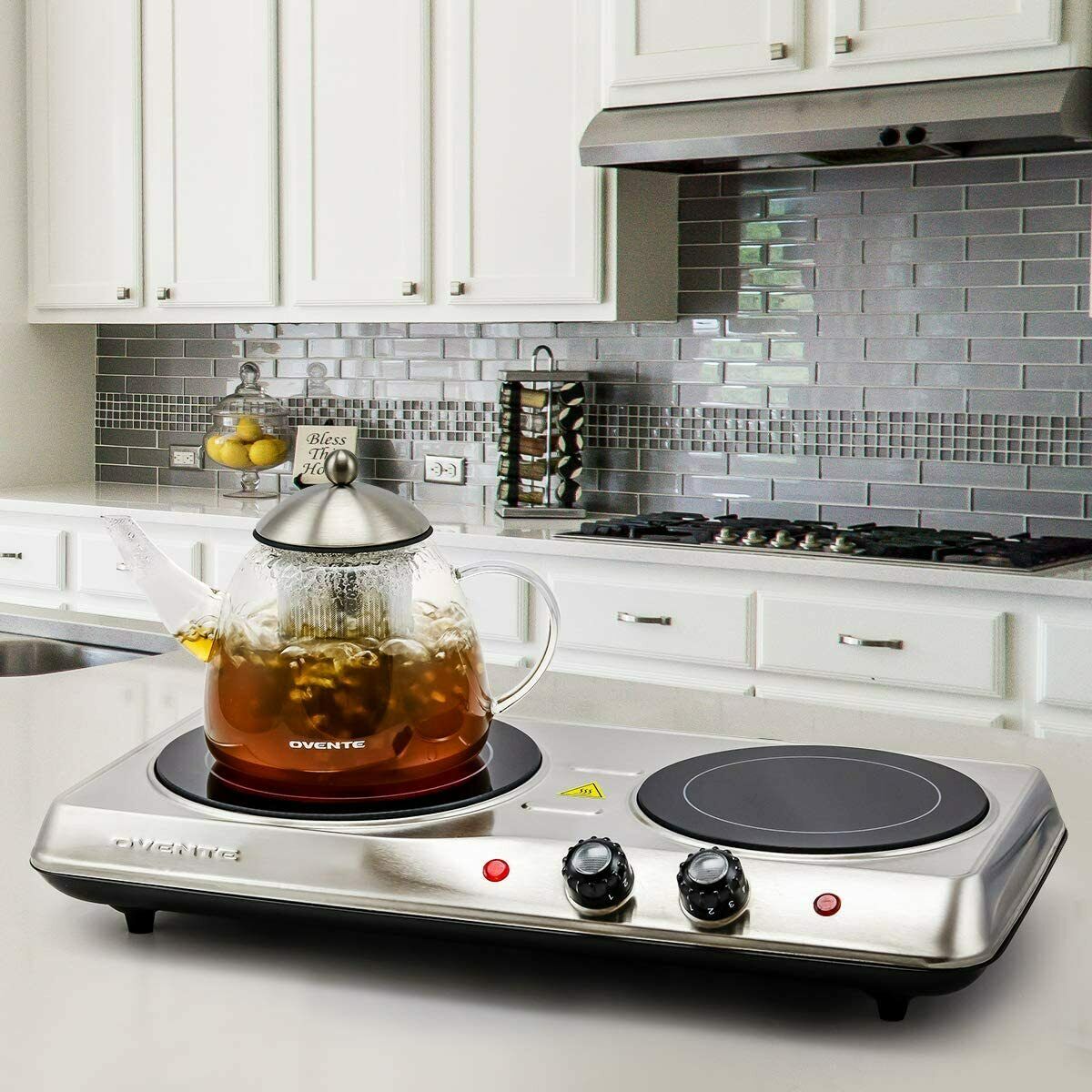 Ovente Electric Glass Infrared Burner 7 Inch Double Hot Plate Silver BGI102S - Fresh Stock Dated October 2025