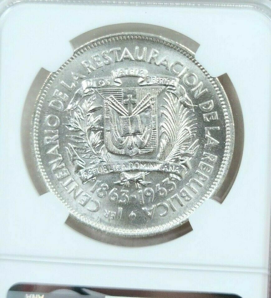 1963 DOMINICAN REPUBLIC SILVER 1 PESO REPUBLIC RESTORATION NGC MS 64 FROSTY BU - Fresh Stock Dated October 2025