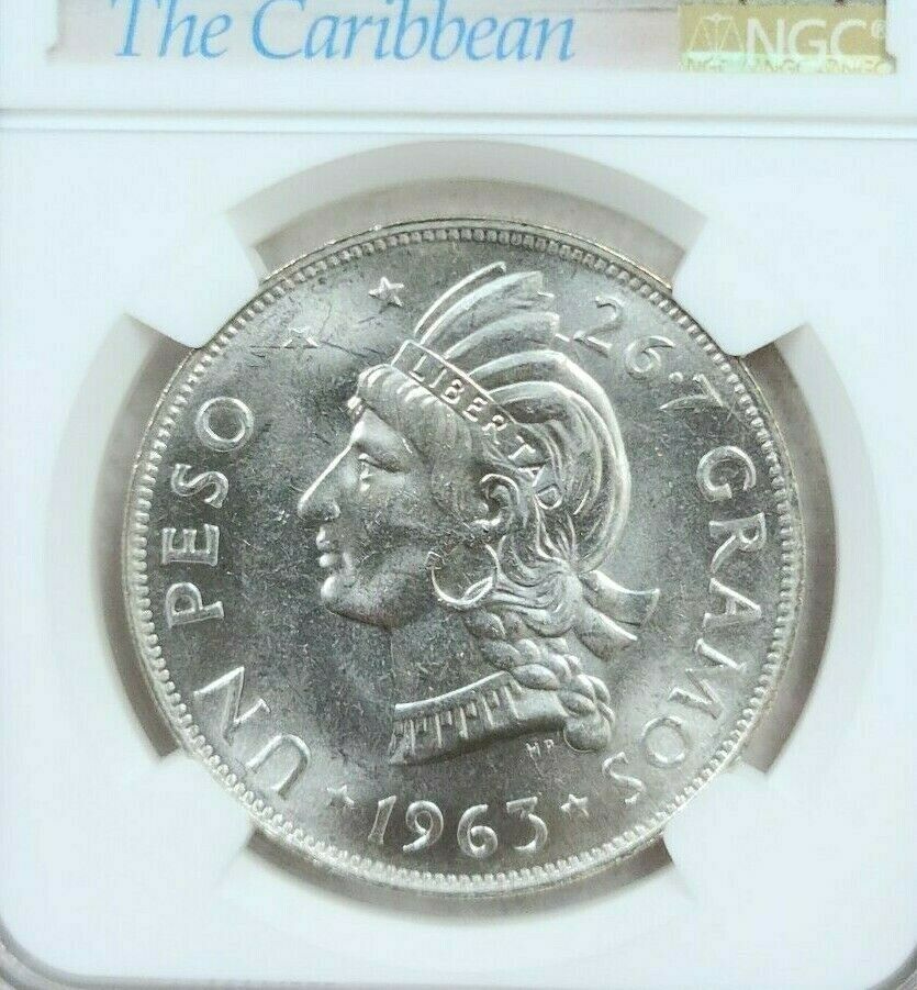 1963 DOMINICAN REPUBLIC SILVER 1 PESO REPUBLIC RESTORATION NGC MS 64 FROSTY BU - Fresh Stock Dated October 2025