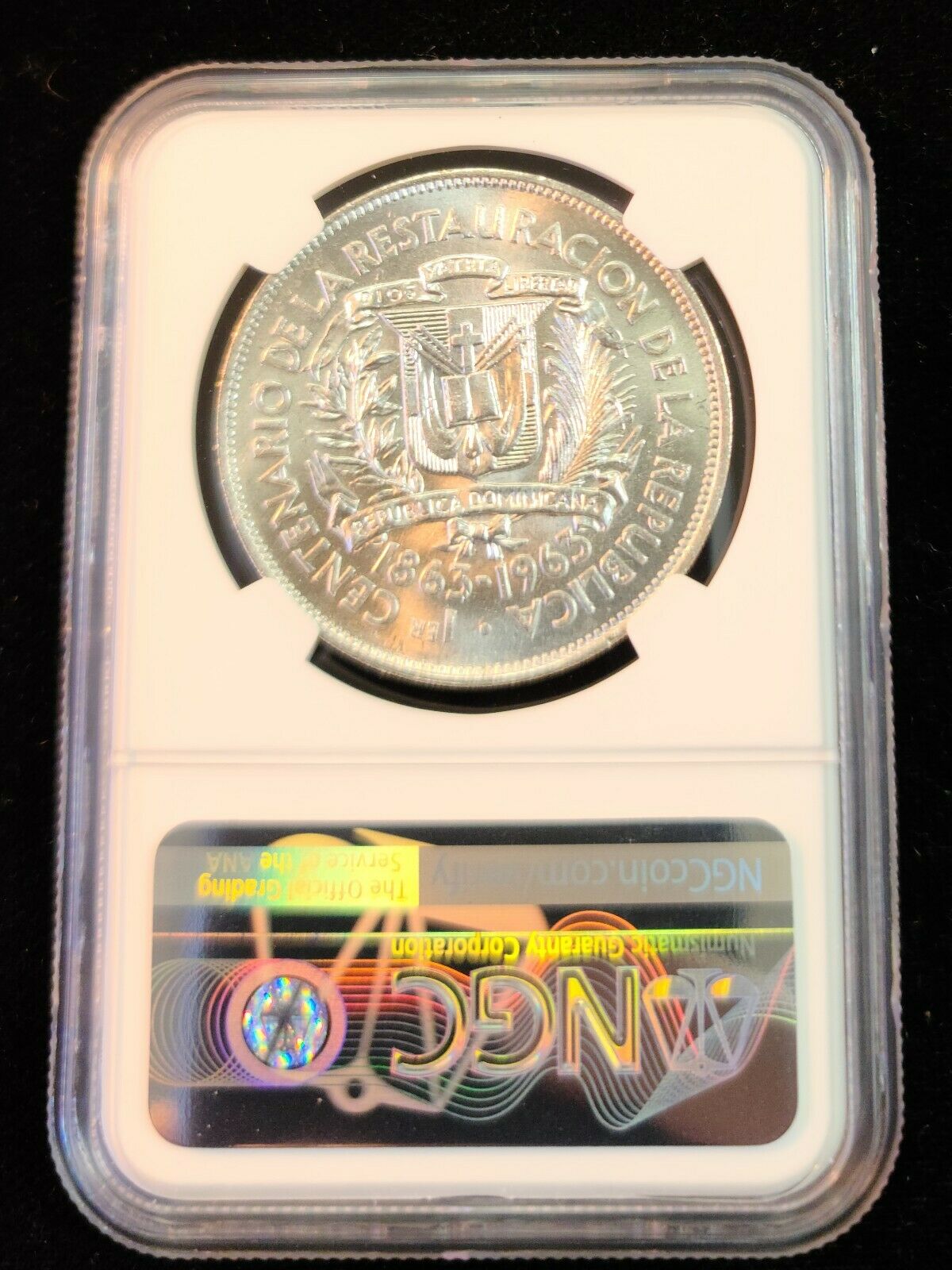 1963 DOMINICAN REPUBLIC SILVER 1 PESO REPUBLIC RESTORATION NGC MS 64 FROSTY BU - Fresh Stock Dated October 2025