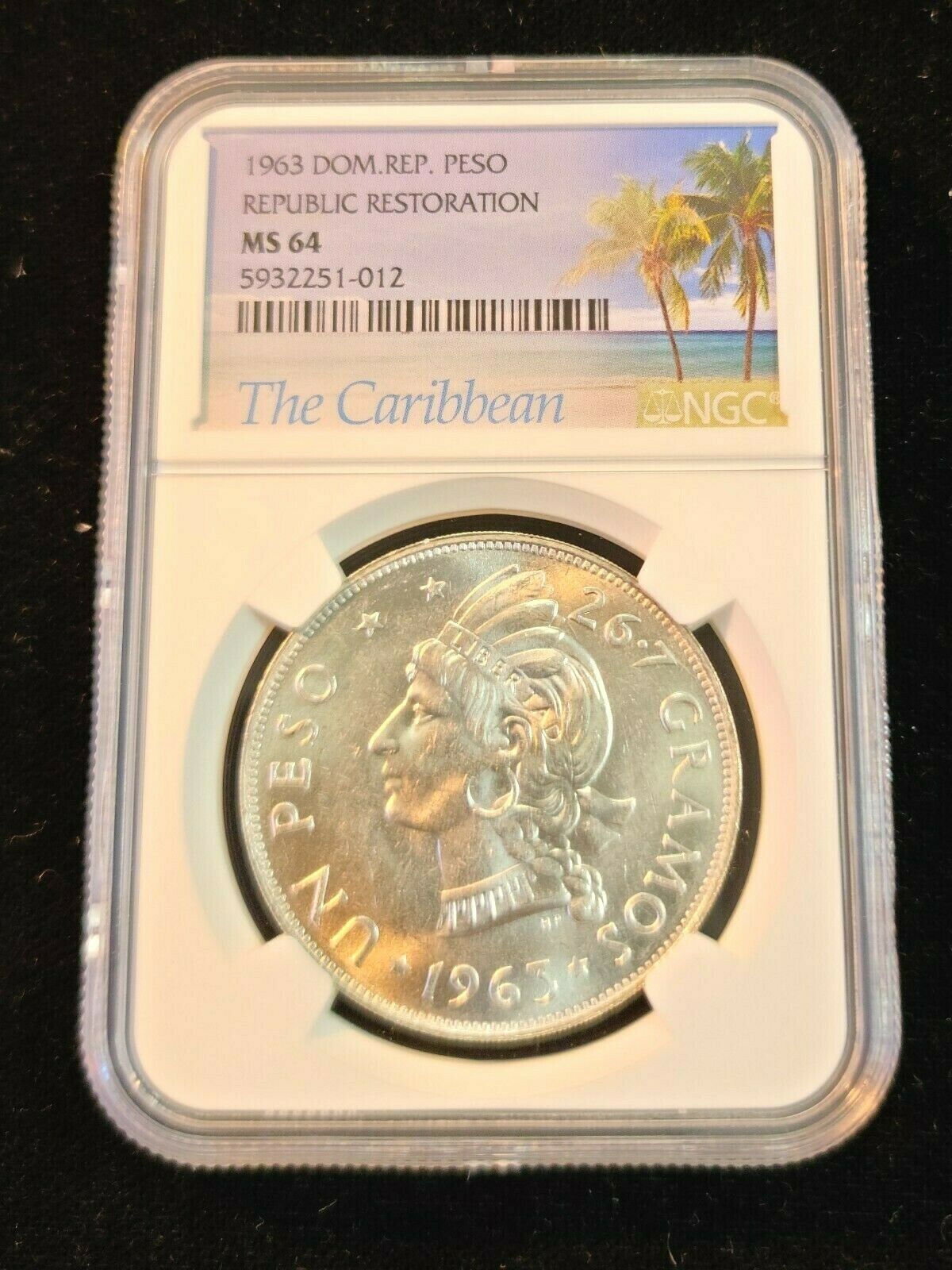 1963 DOMINICAN REPUBLIC SILVER 1 PESO REPUBLIC RESTORATION NGC MS 64 FROSTY BU - Fresh Stock Dated October 2025