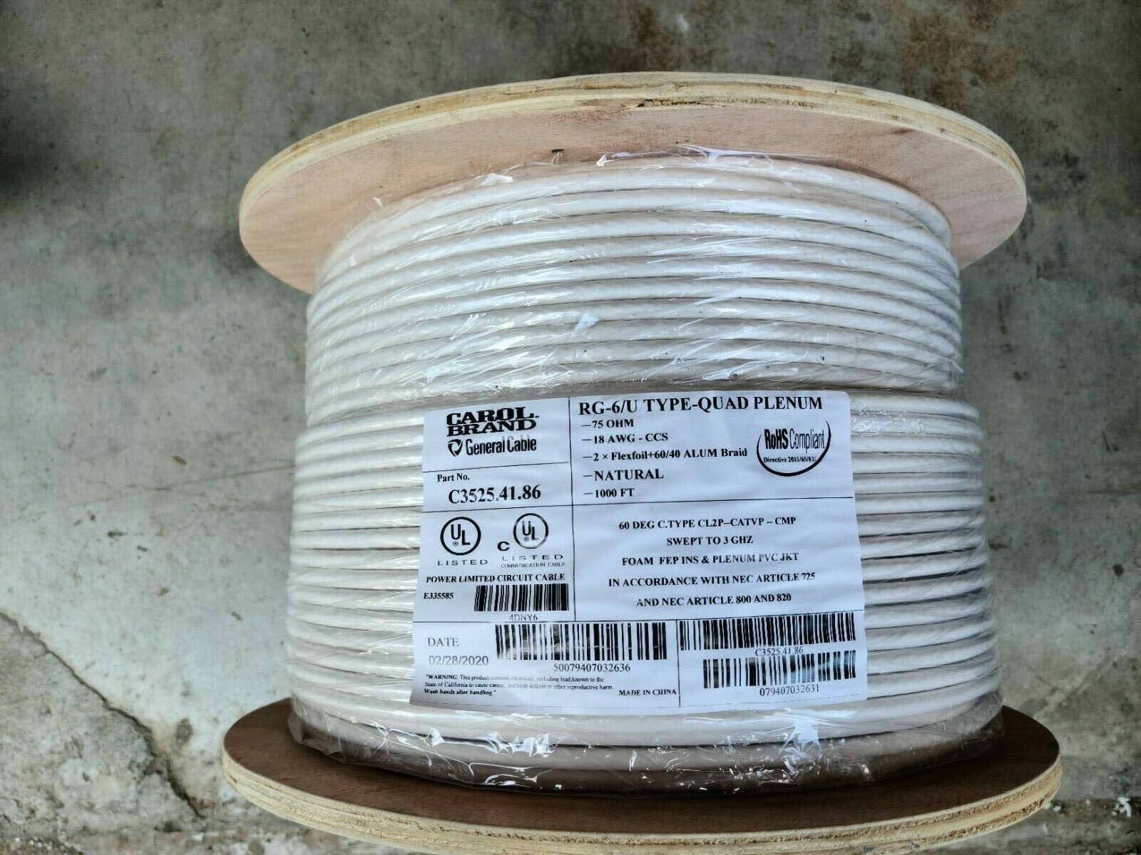 General Carol C3521.41.86 1000 ft. Coaxial Cable RG6U 18 AWG-CCS Plenum 75 OHM - Fresh Stock Dated October 2025