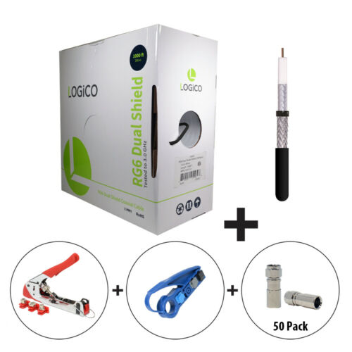 RG6 CoaxCable DualShield 1000FT Black+Strip Tool+Crimp Tool+50F-Type Connect Kit - Fresh Stock Dated October 2025