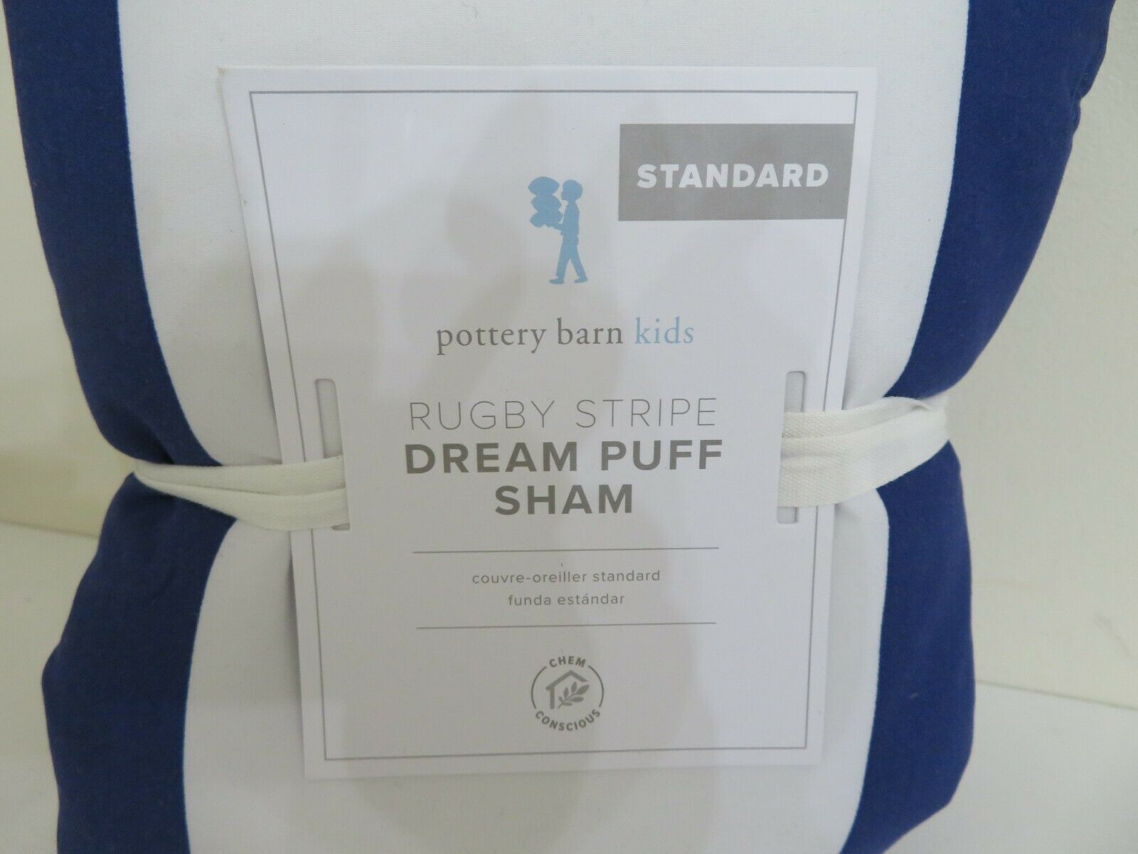 POTTERY BARN KIDS RUGBY STRIPE DREAM PUFF PILLOW SHAM STANDARD NAVY BLUE - Fresh Stock Dated October 2025