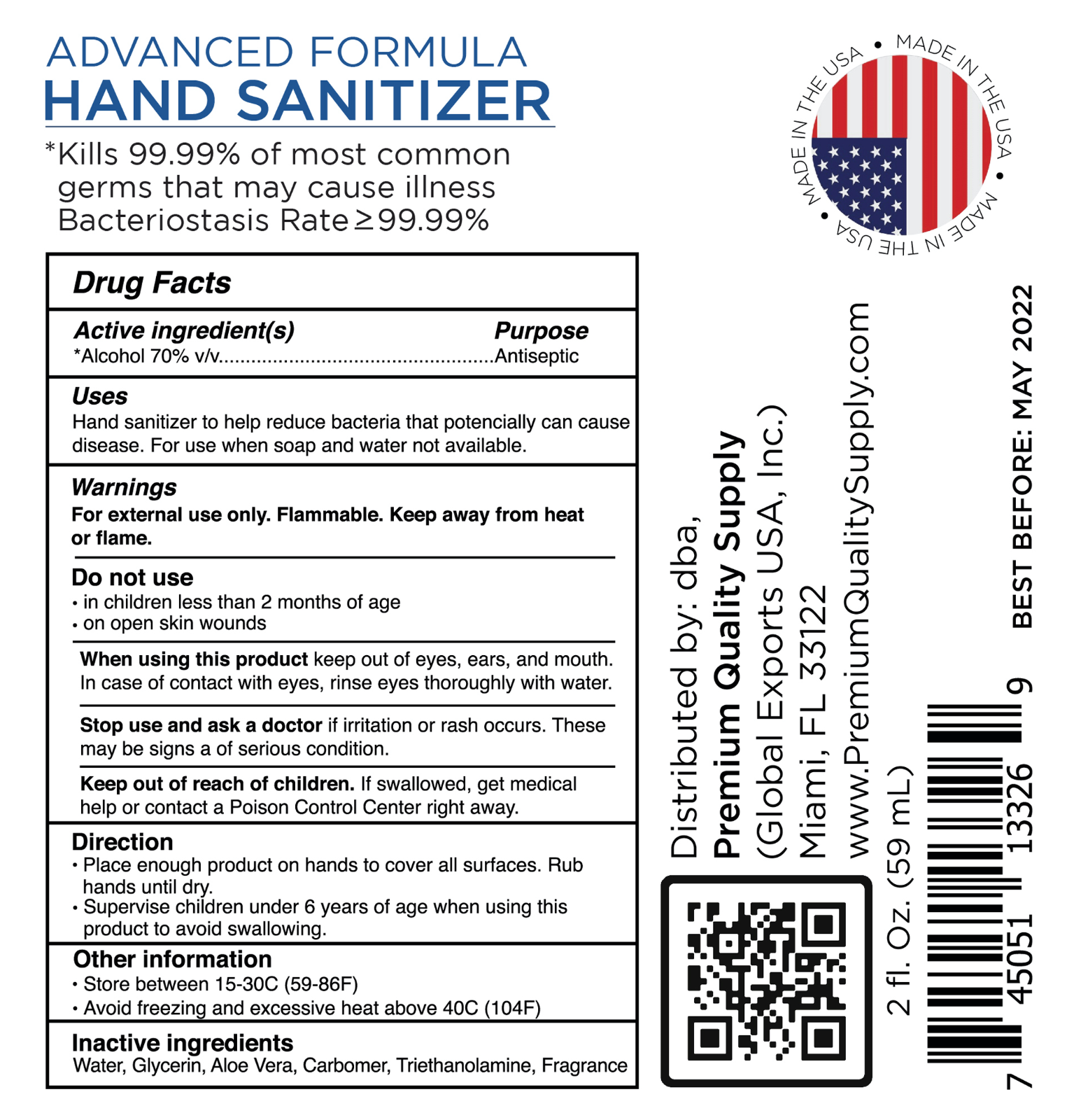 PQS Hand Sanitizer Gel 2 OZ - 70% Alcohol w/ Aloe & Mild Lemon Scent (2 Pack) - Fresh Stock Dated October 2025