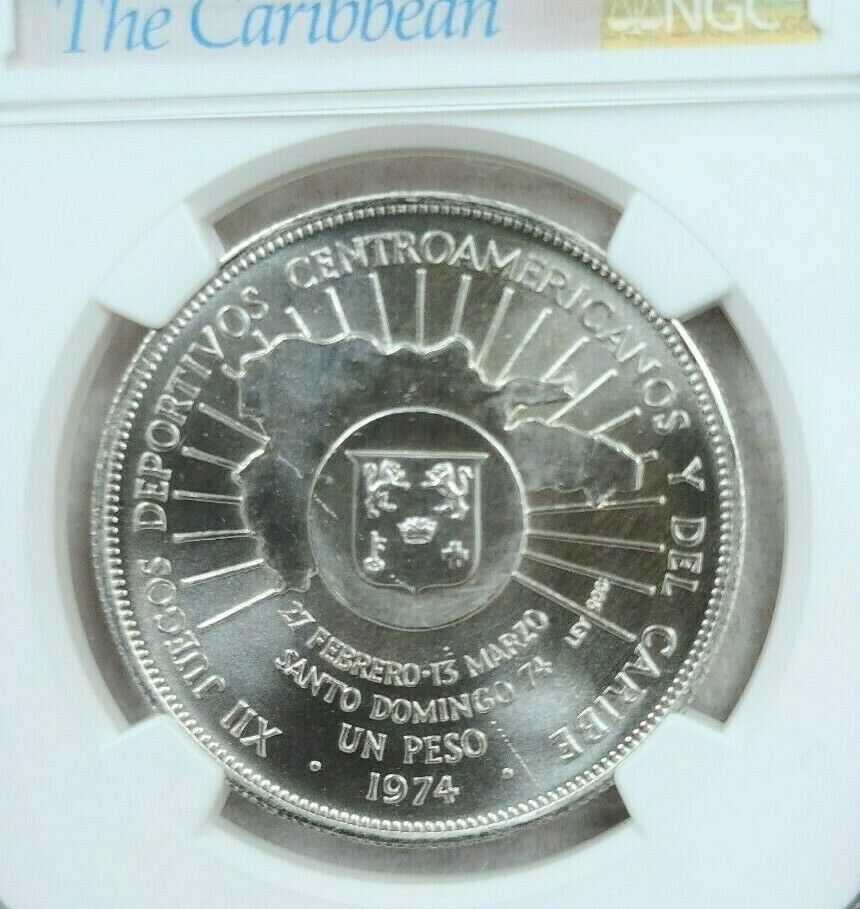 1974 DOMINICAN REPUBLIC SILVER 1 PESO CENTRAL AMERICAN GAMES NGC MS 65 GEM BU - Fresh Stock Dated October 2025