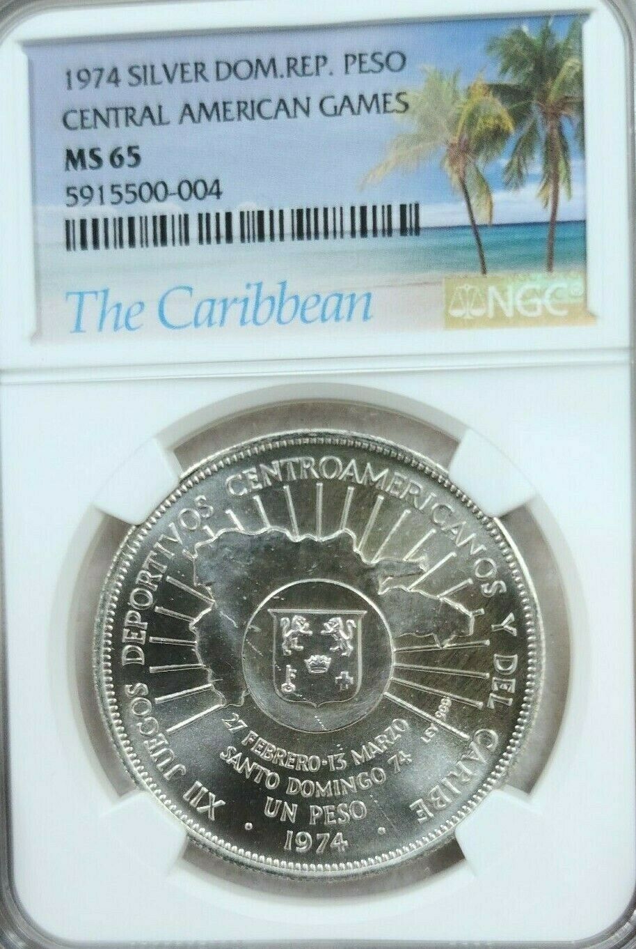 1974 DOMINICAN REPUBLIC SILVER 1 PESO CENTRAL AMERICAN GAMES NGC MS 65 GEM BU - Fresh Stock Dated October 2025