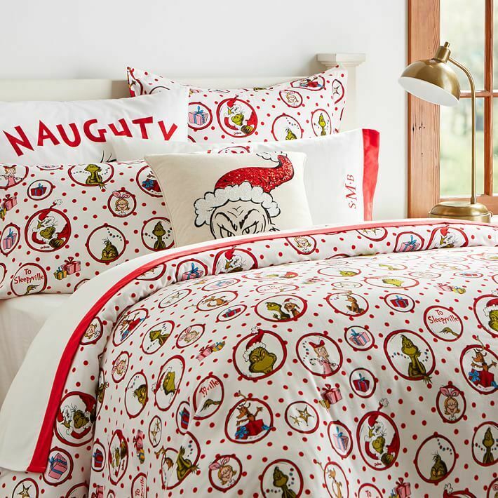 GUC Pottery Barn Teen The Grinch Circle Dot Sleepyville Flannel White Euro Sham - Fresh Stock Dated October 2025