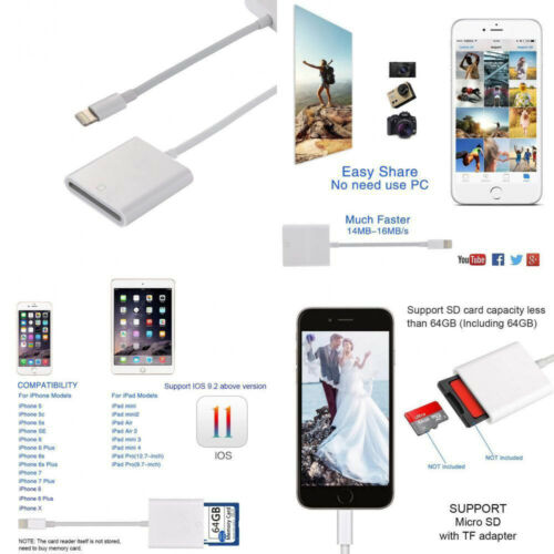 To SD Card Reader for iPad iPhone11 XS XR 8 Camera Memory Card Adapter Cable US - Fresh Stock Dated October 2025