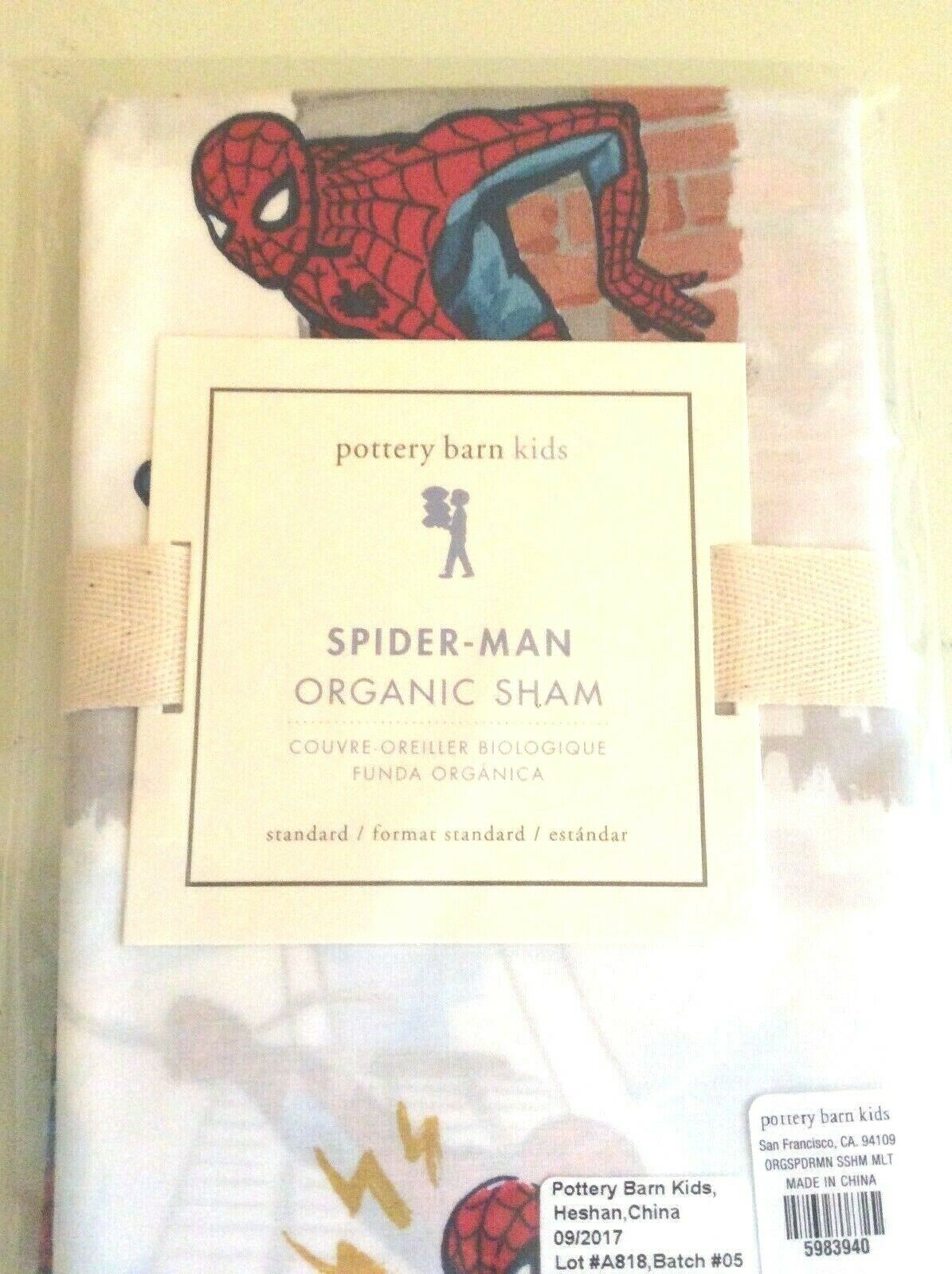 Pottery Barn kid ORGANIC Spiderman SHAM pillow cover super hero spidey boy Gift - Fresh Stock Dated October 2025
