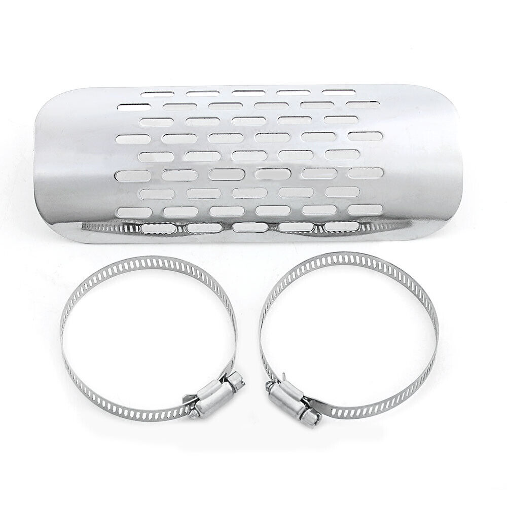 Silver Motorcycle Exhaust Muffler Heat Shield Cover Heel Guard Chrome Universal - Fresh Stock Dated October 2025